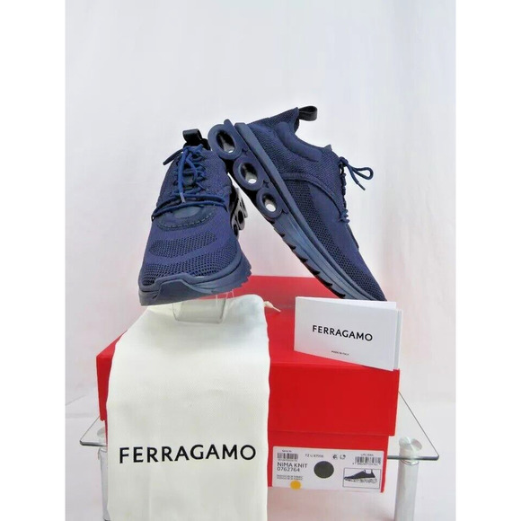 NIB FERRAGAMO DARK BLUE NIMA MESH LEATHER LOGO LOW SNEAKERS US 9.5 42.5 ITALY